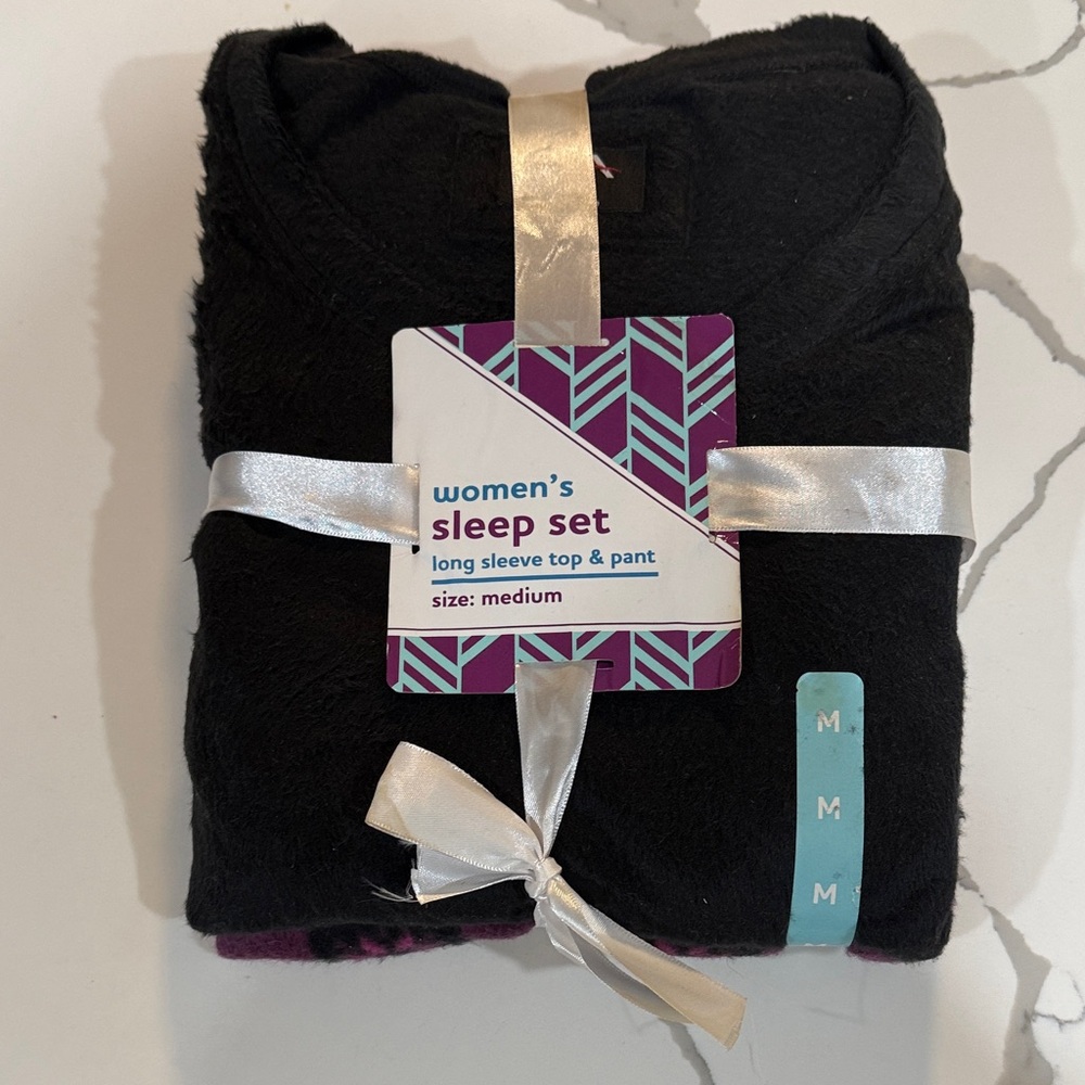 Women's Black Sleep Set - Long Sleeve Top & Pant, Size M